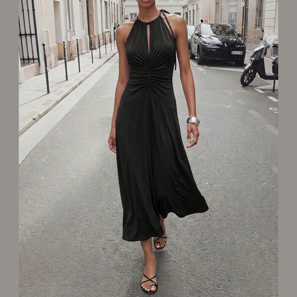 Black Ruched Halter Keyhole Slit Slim Fit Maxi Dress